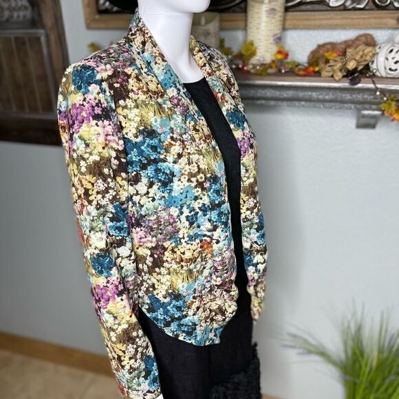 Lush Multi Colored Floral Scallop Hemline Waterfall Neckline Bolero Jacket - Picture 8 of 16